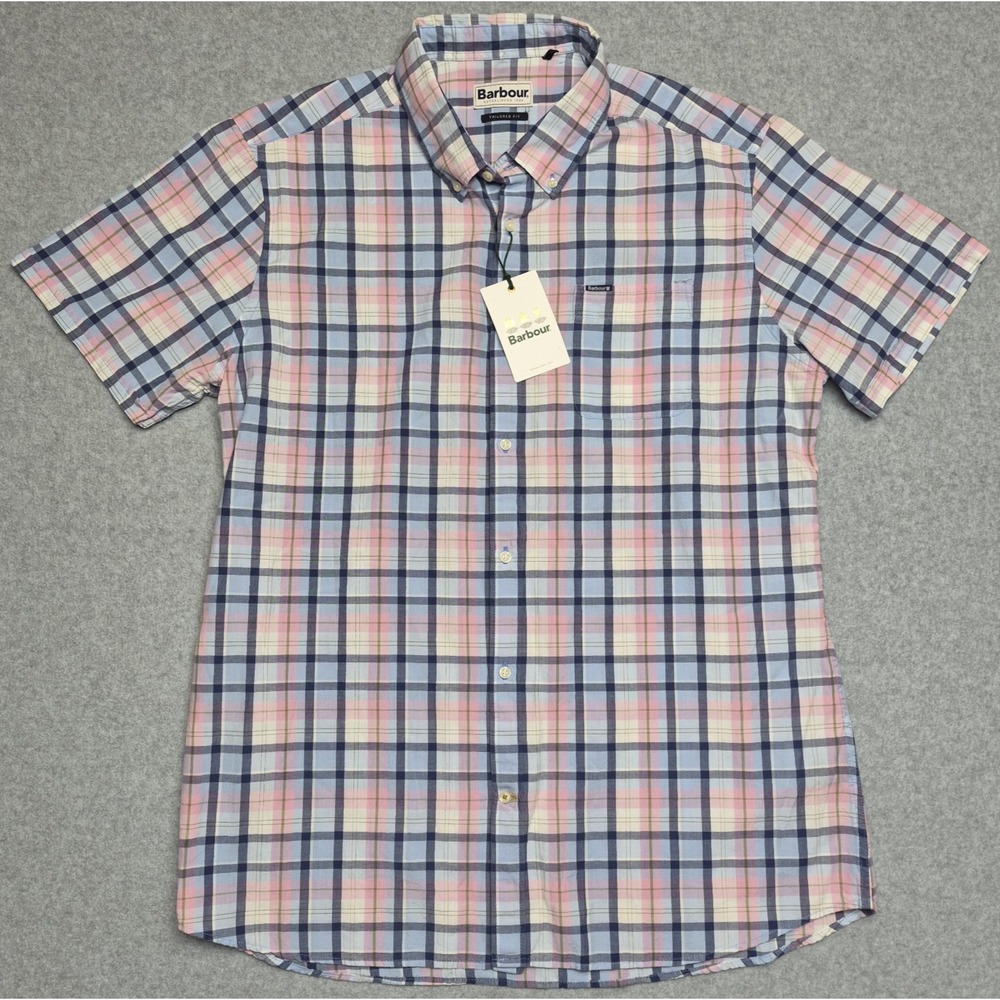 Barbour Furniss Tailored Fit Shirt Mens XXL Short Sleeve Plaid Cotton Blend NWTs